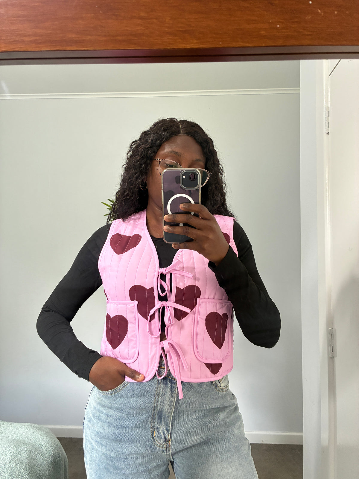 Sweetheart Quilted Tie-Front Vest – Pink