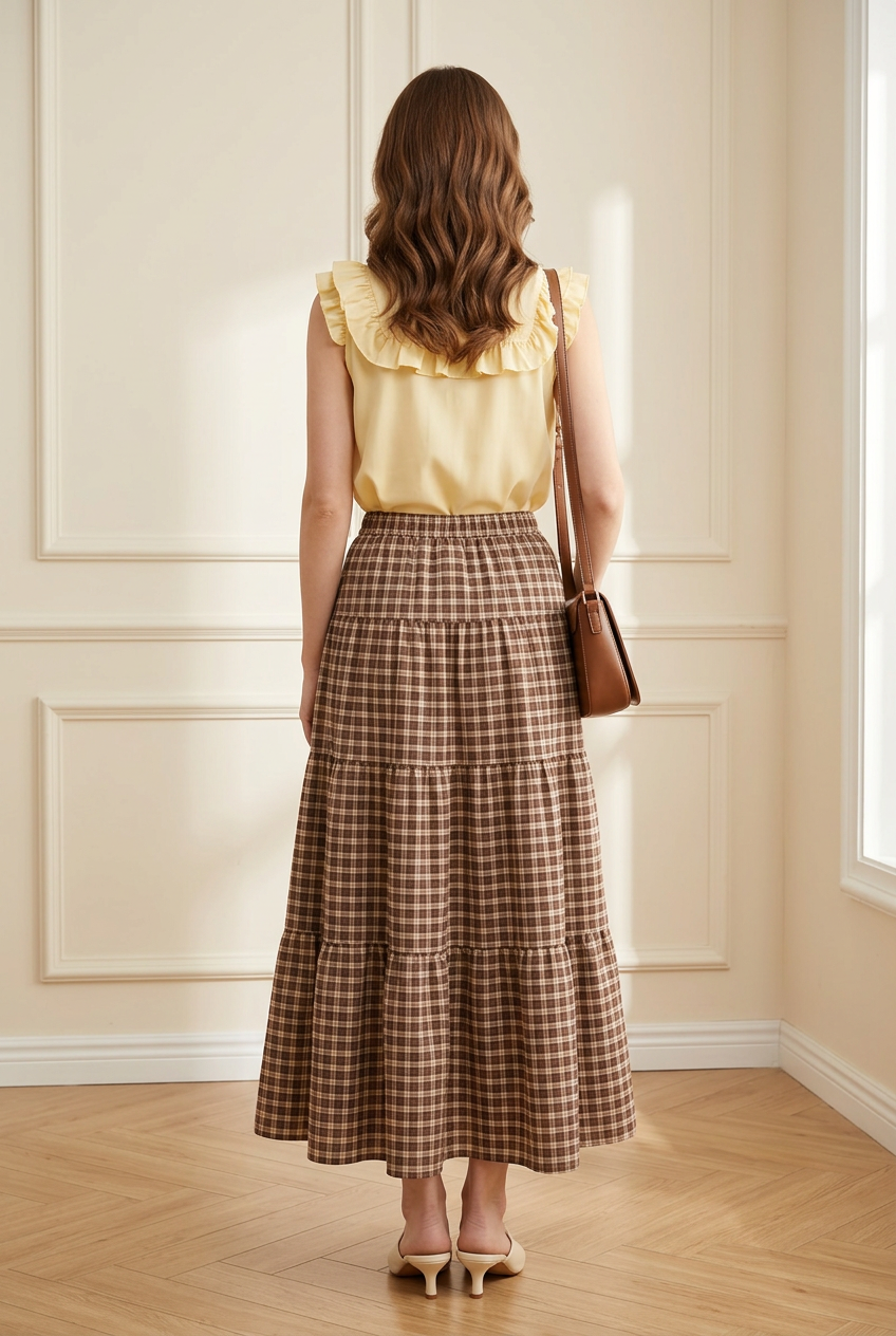Brown Check Tiered Midi Skirt