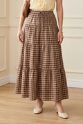 Brown Check Tiered Midi Skirt