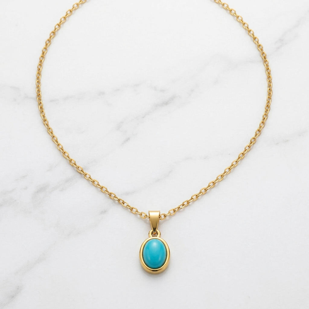 Turquoise-Colour Oval Pendant Necklace – Stainless Steel