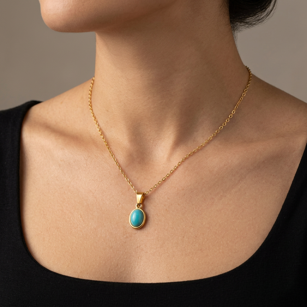 Turquoise-Colour Oval Pendant Necklace – Stainless Steel