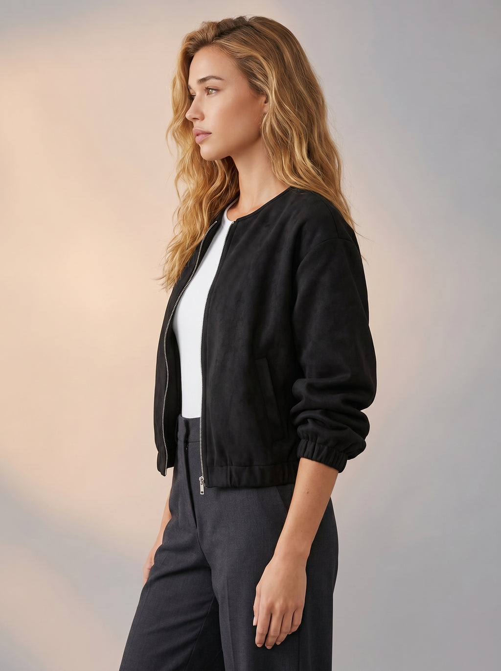 Bomber style black jacket with zipper detail