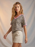 Animal print tee with pink trim detail