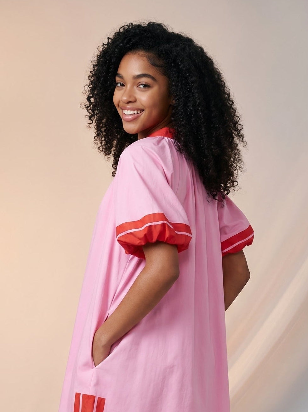 Puff sleeve dress with contrast trim detail