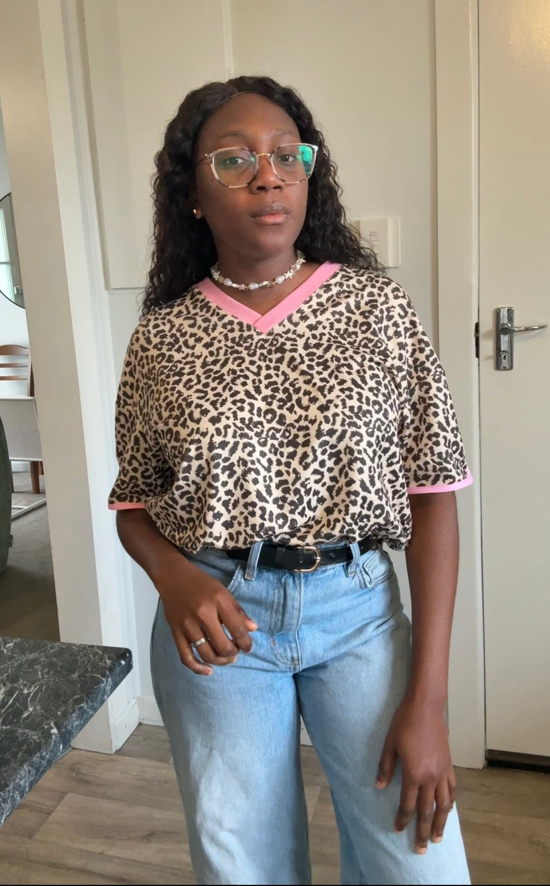 Animal skin print tee with pink trim detail