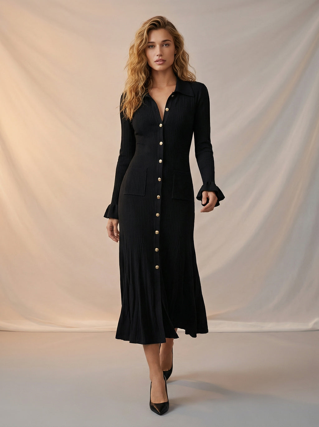Ribbed texture maxi dress with frilly sleeve detail