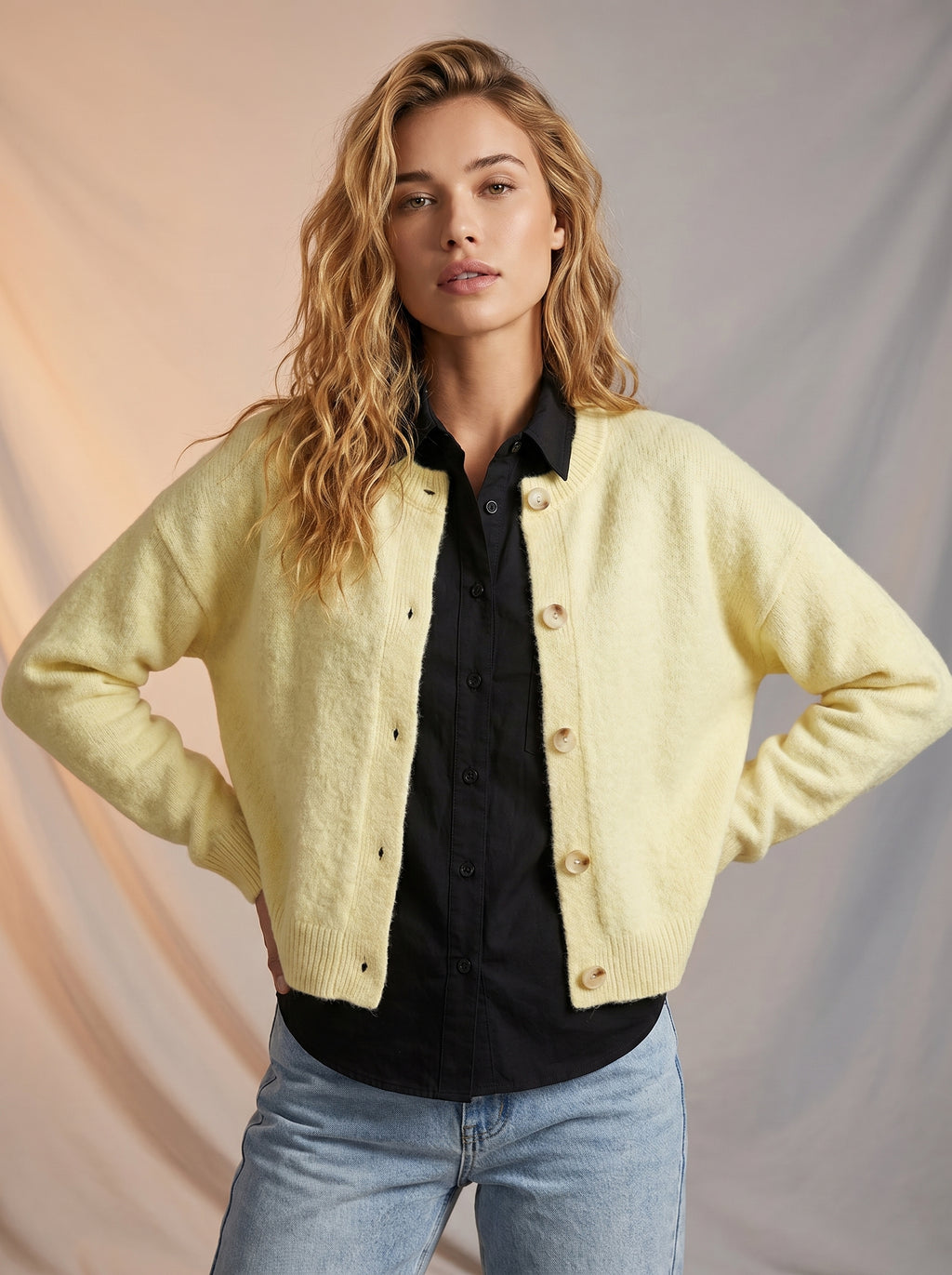 Yellow full length button down cardigan
