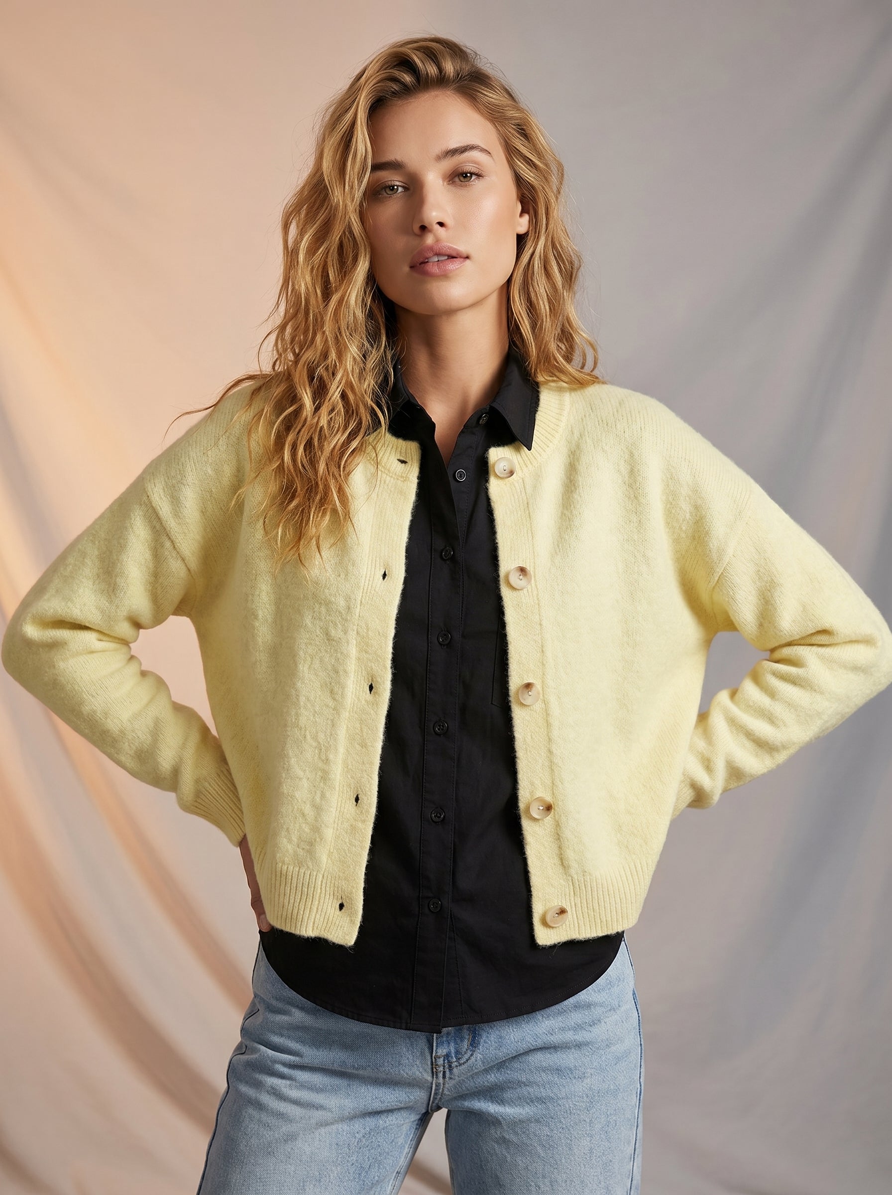 Yellow full length button down cardigan