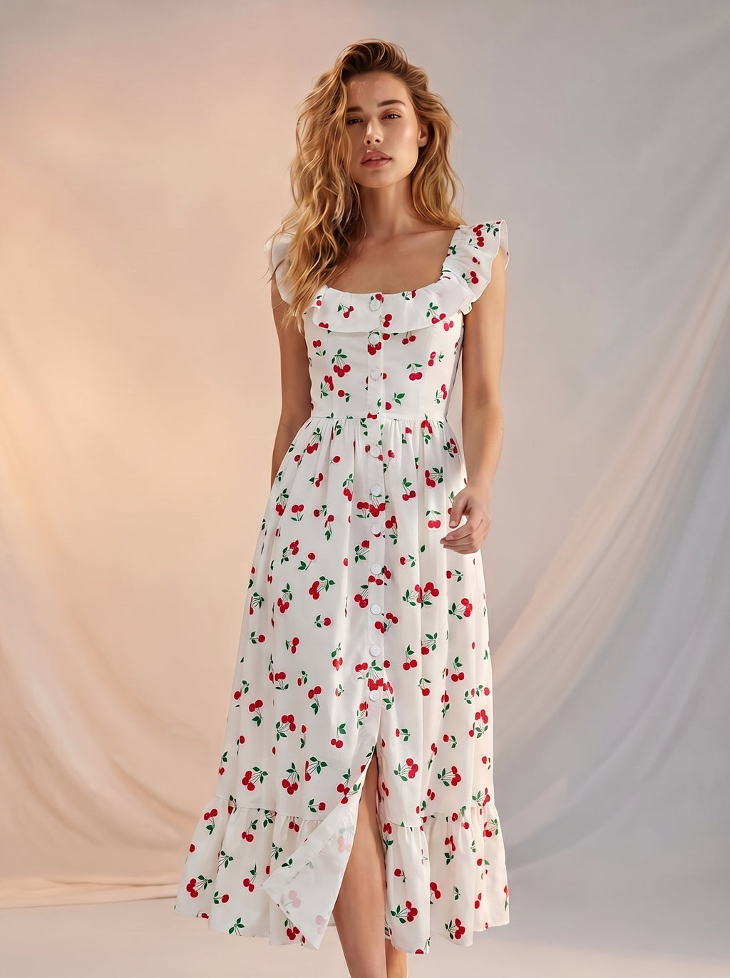 Cherry print button down maxi dress