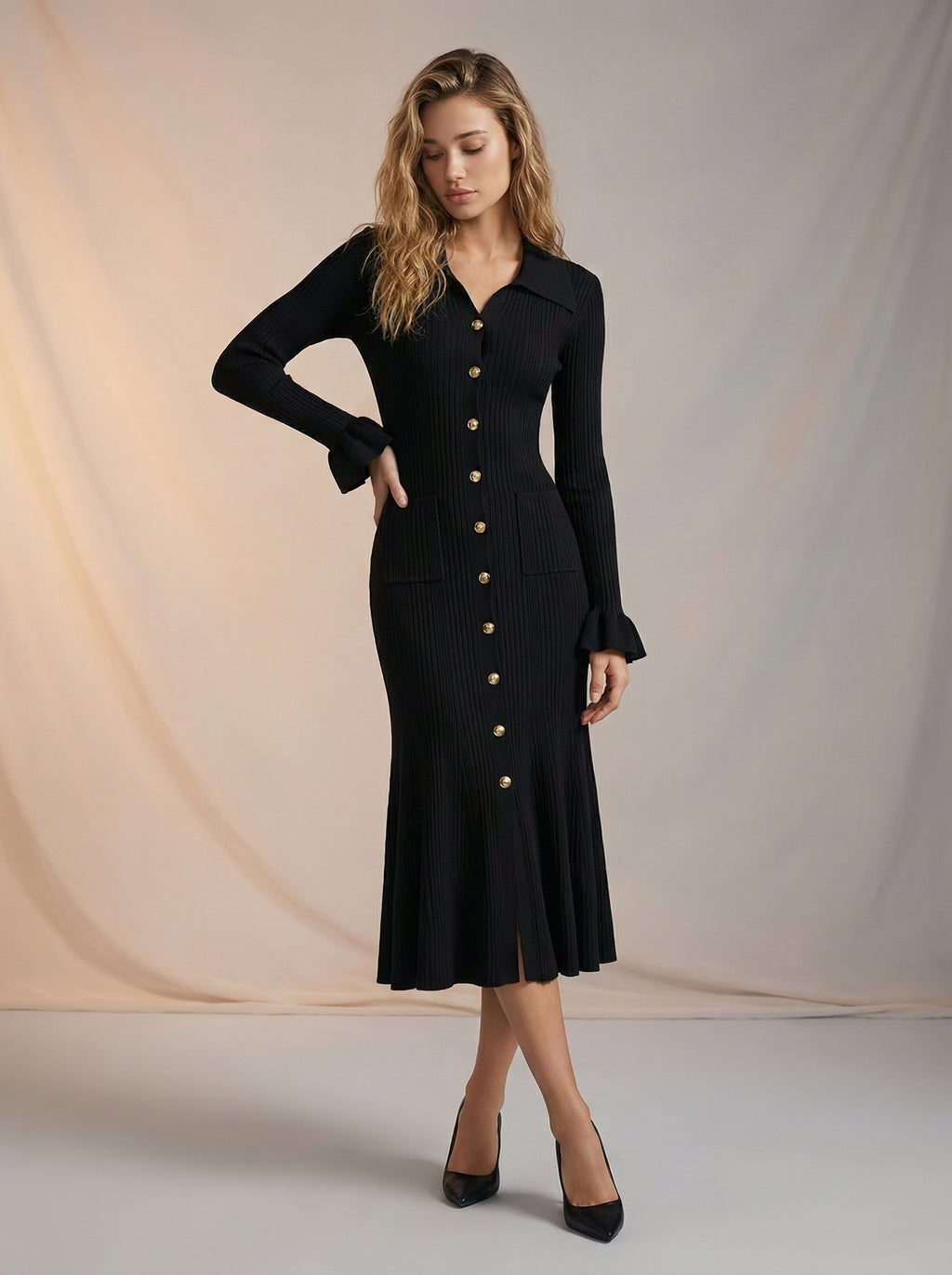 Ribbed texture maxi dress with frilly sleeve detail