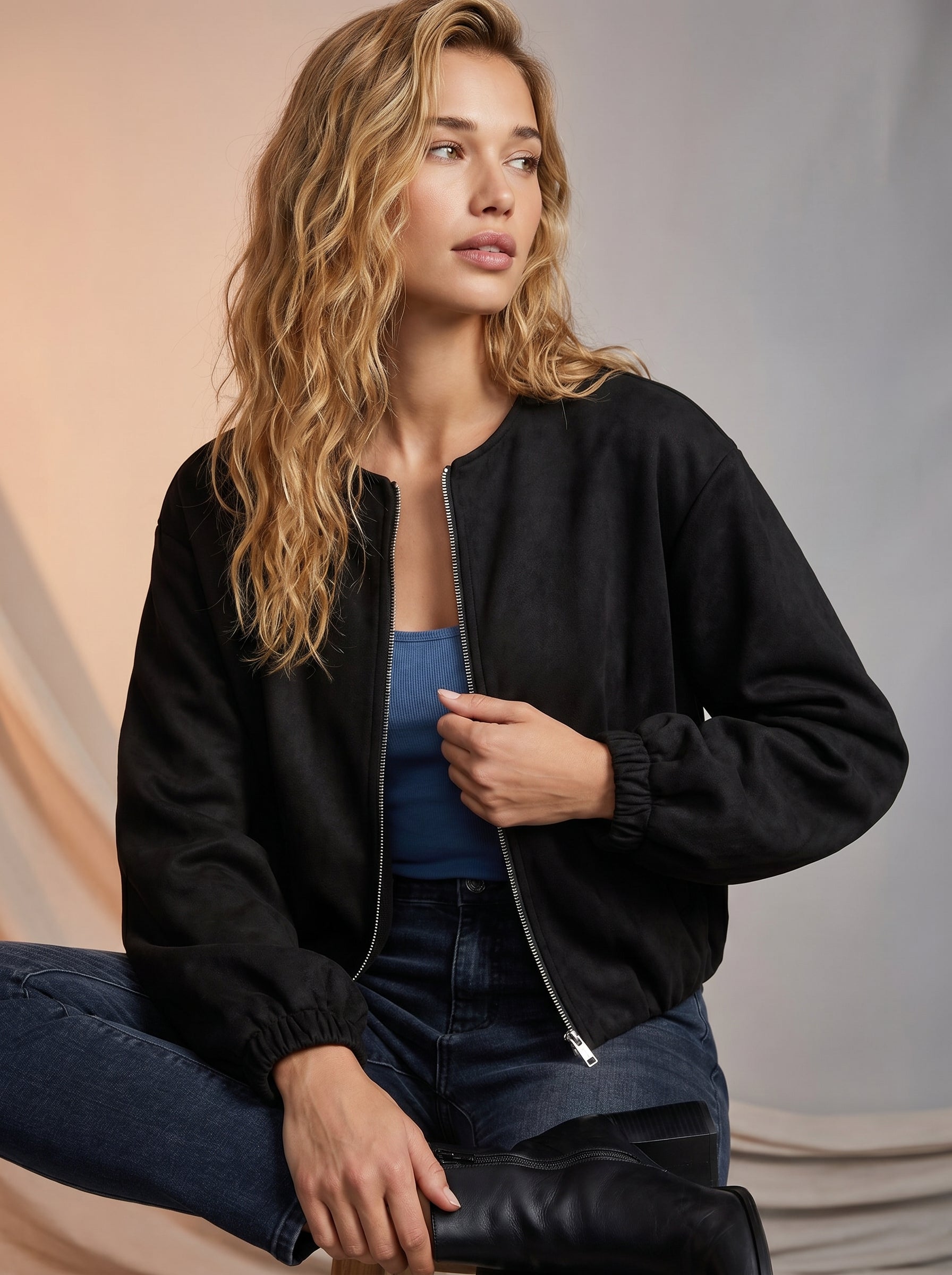 Bomber style black jacket with zipper detail