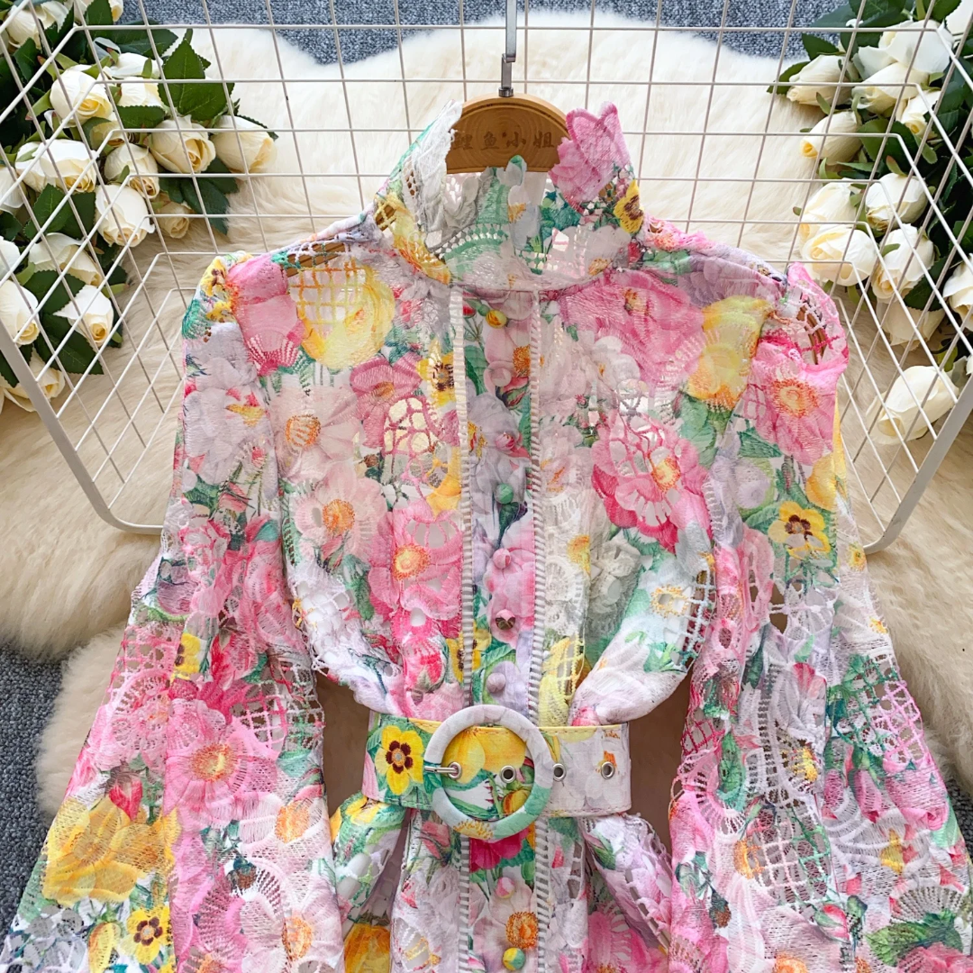 Floral print longsleeve dress with belt detail