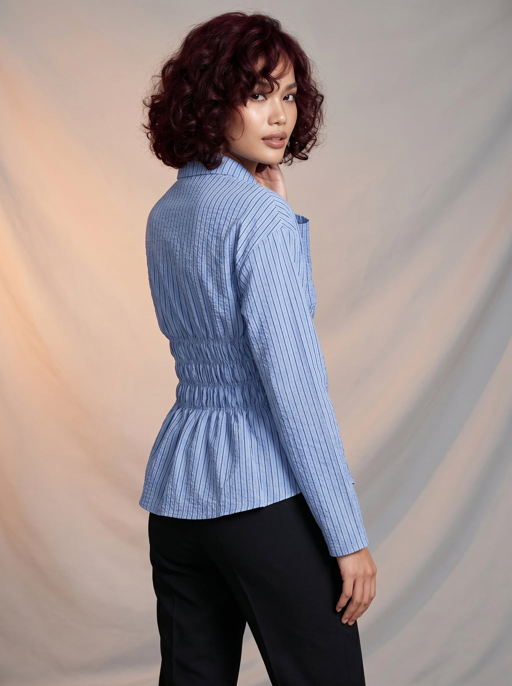 Button down striped shirred shirt