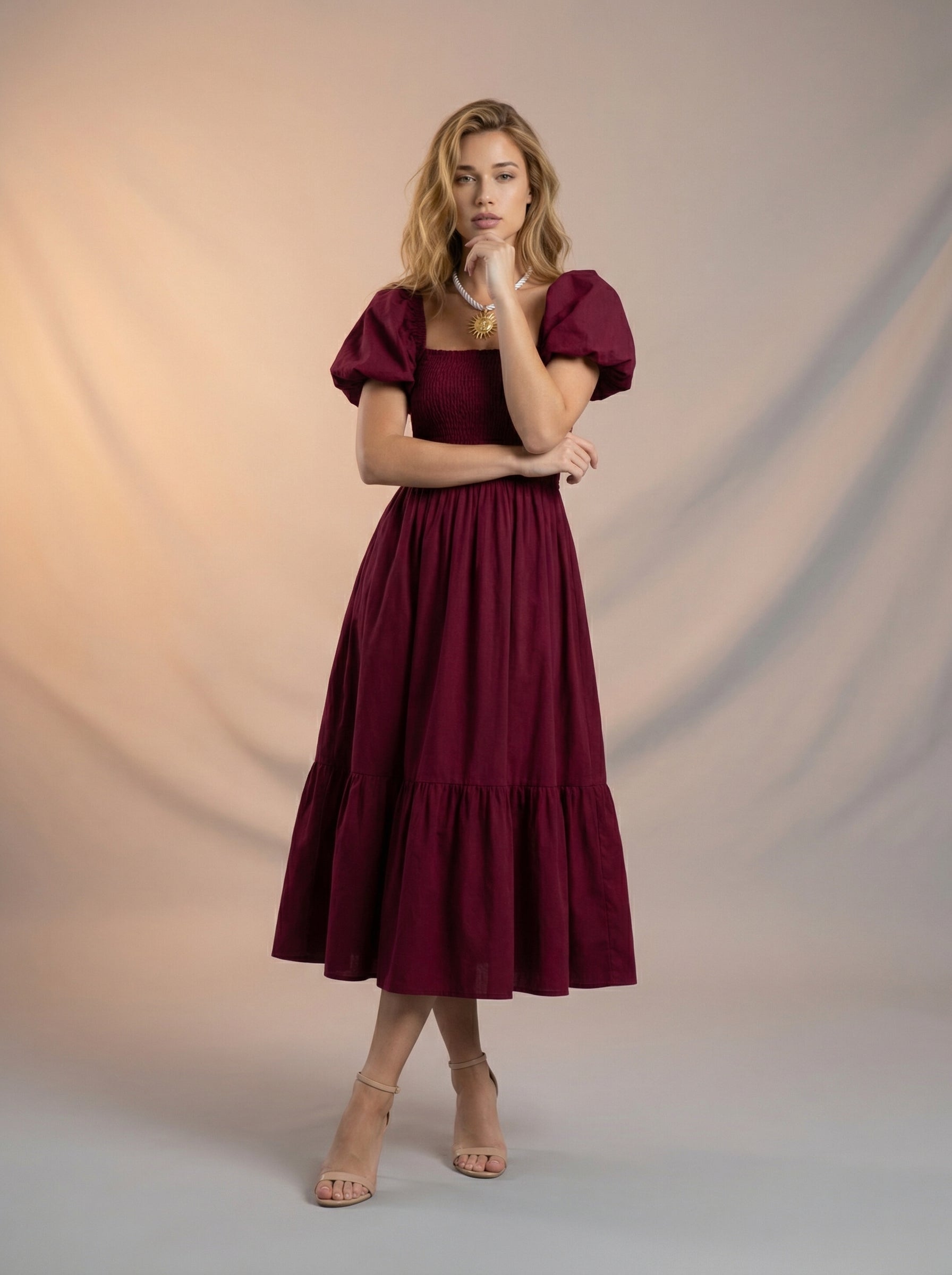 Puff sleeves ruched maxi dress