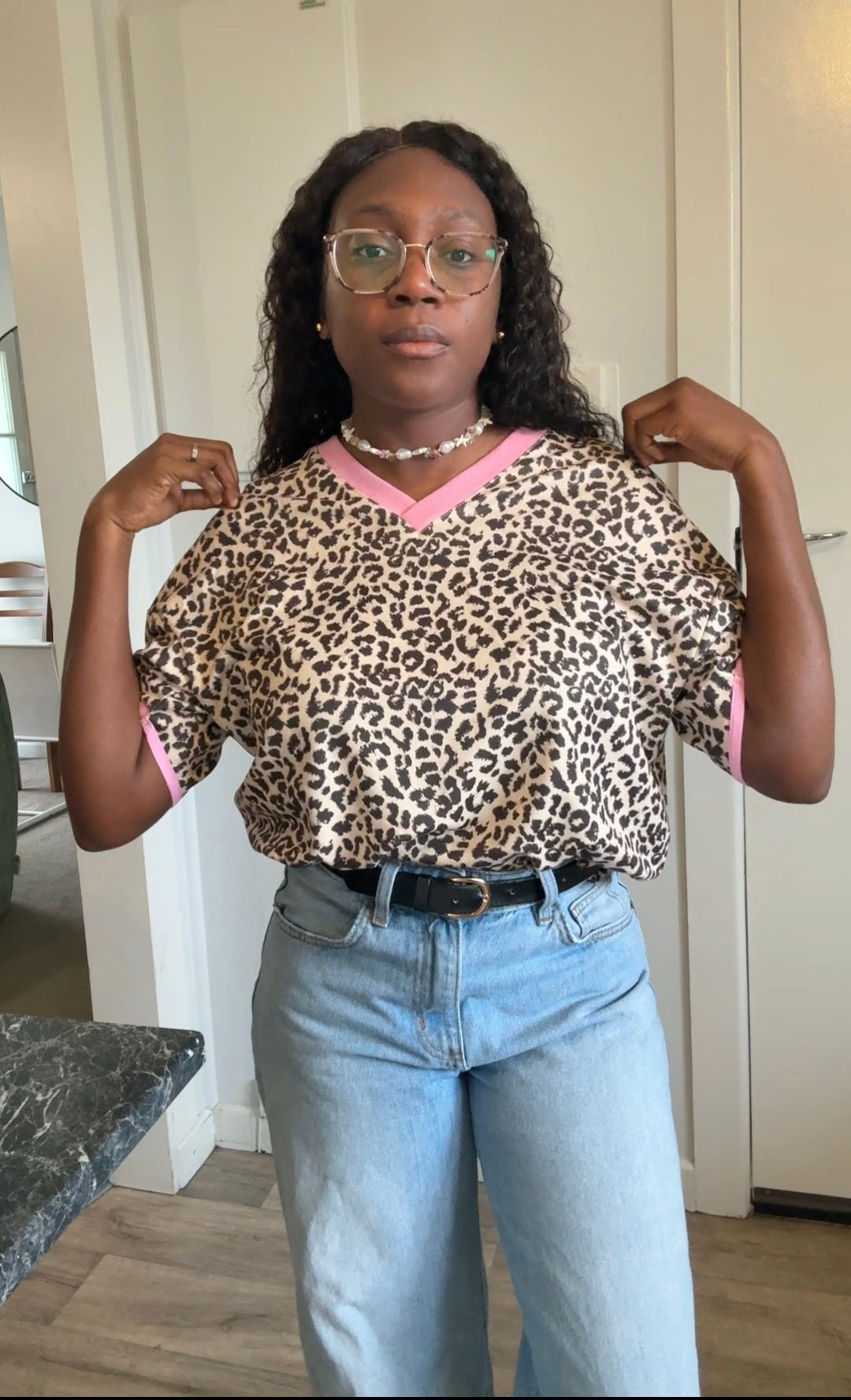 Animal skin print tee with pink trim detail