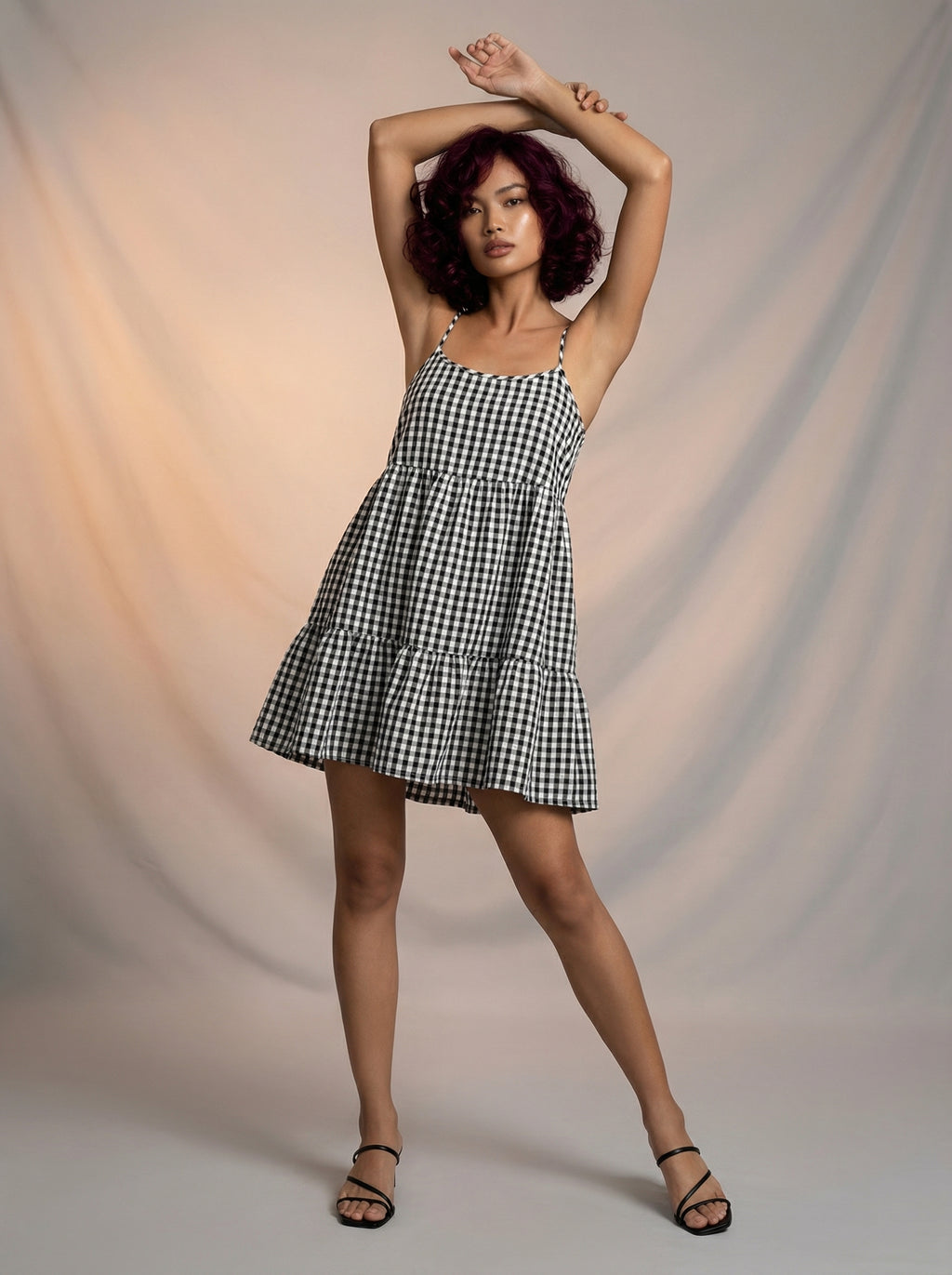 Gingham print tiered dress with adjustable strap