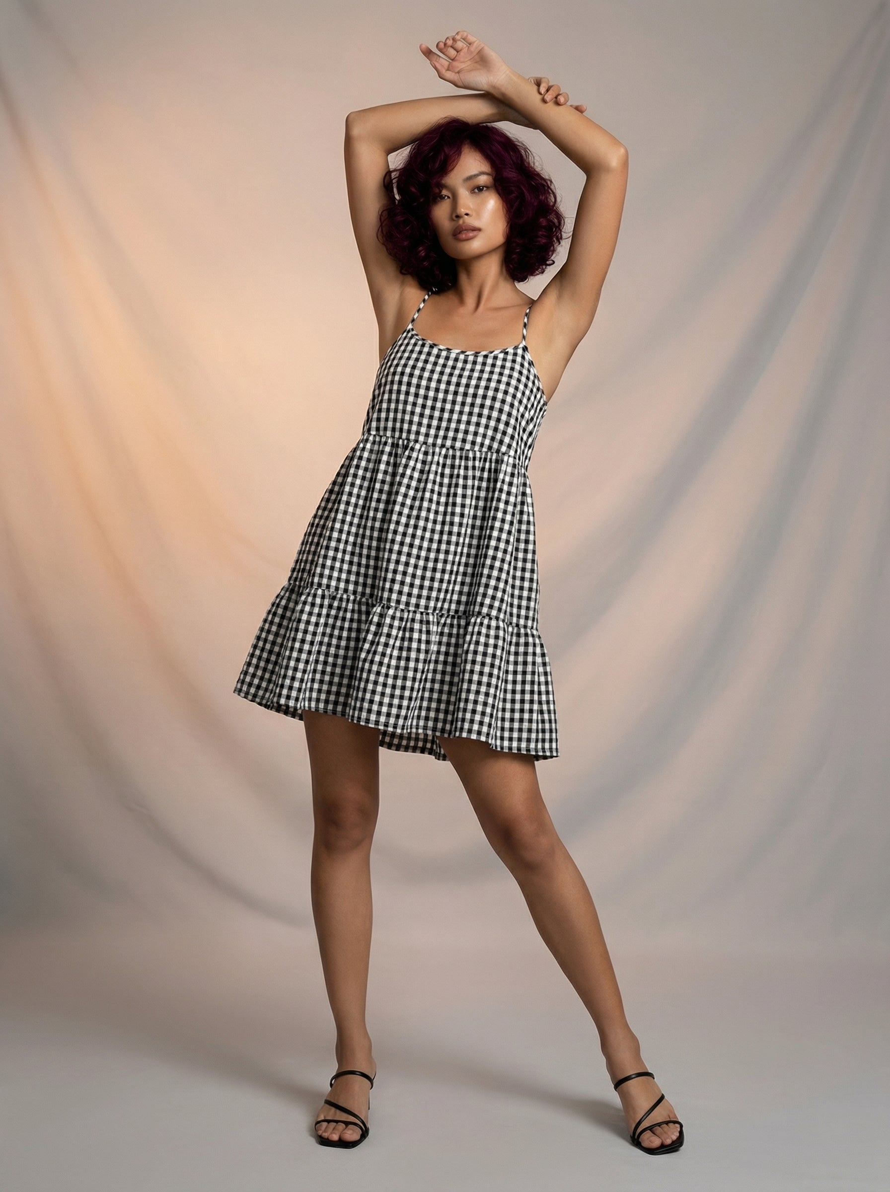 Gingham print tiered dress with adjustable strap