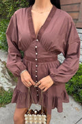 Longsleeve frilly hem detail V-neck dress