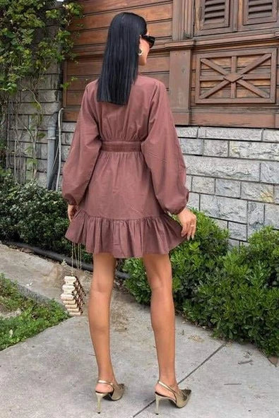 Longsleeve frilly hem detail V-neck dress