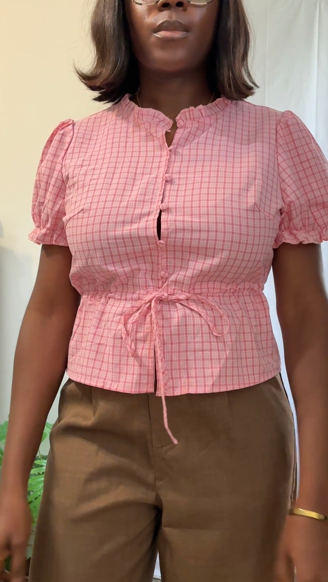 Frilly detail tie waist blouse