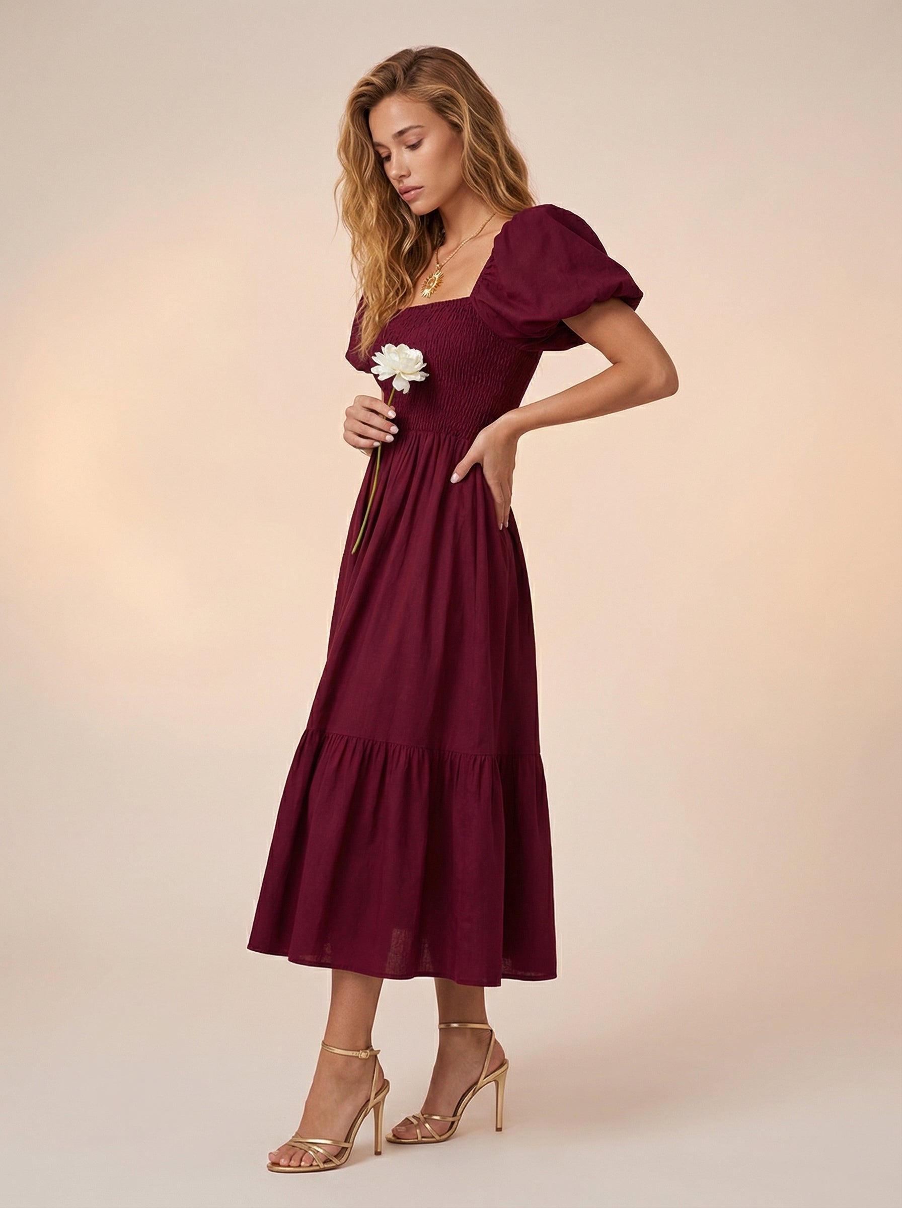 Puff sleeves ruched maxi dress