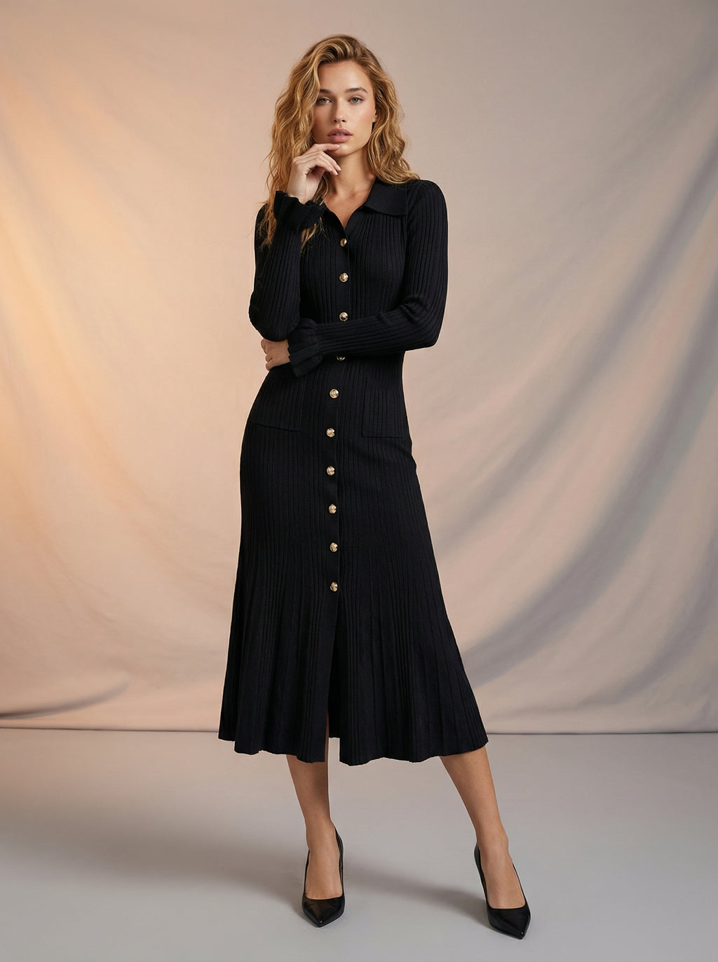 Ribbed texture maxi dress with frilly sleeve detail