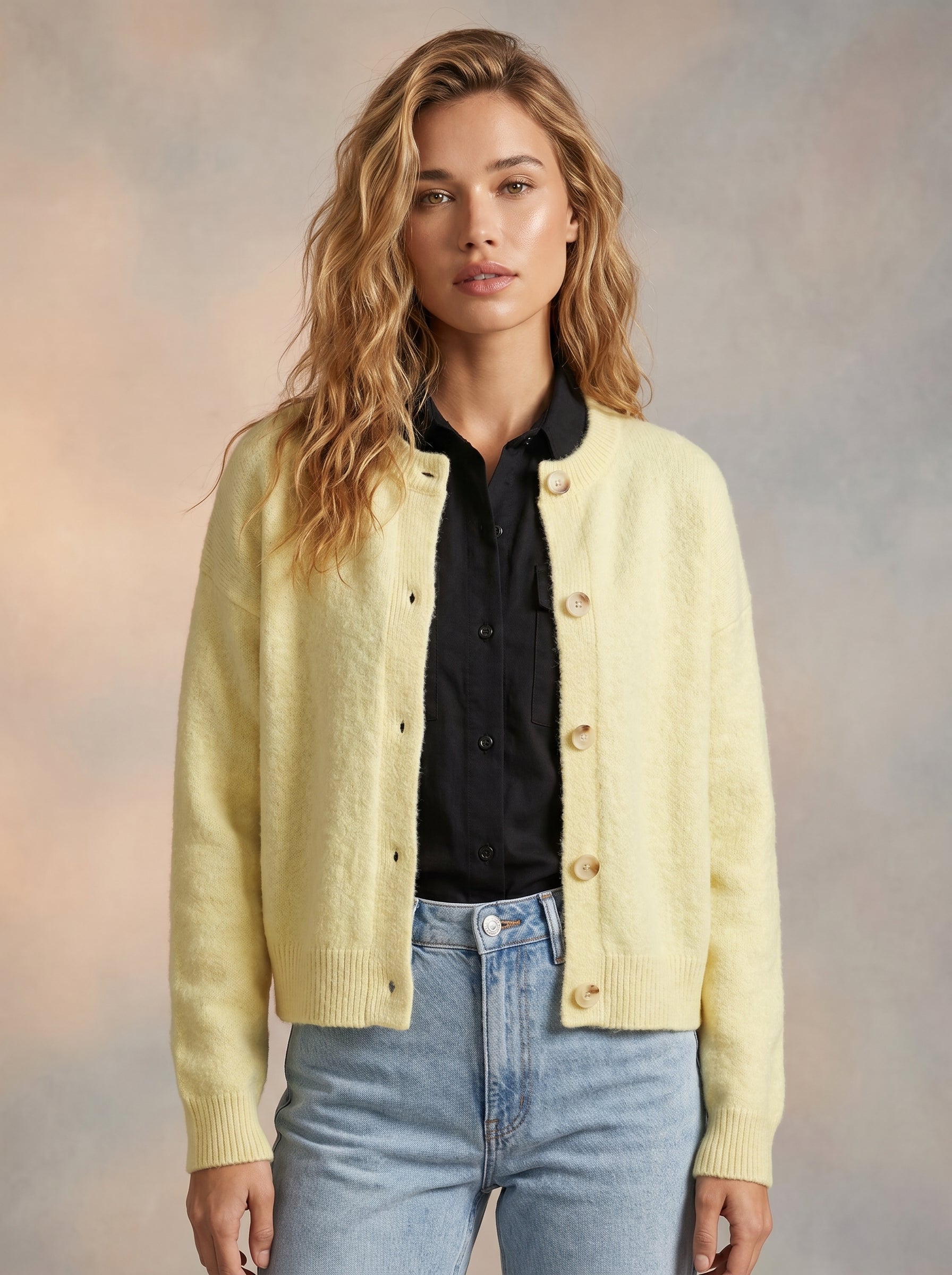 Yellow full length button down cardigan