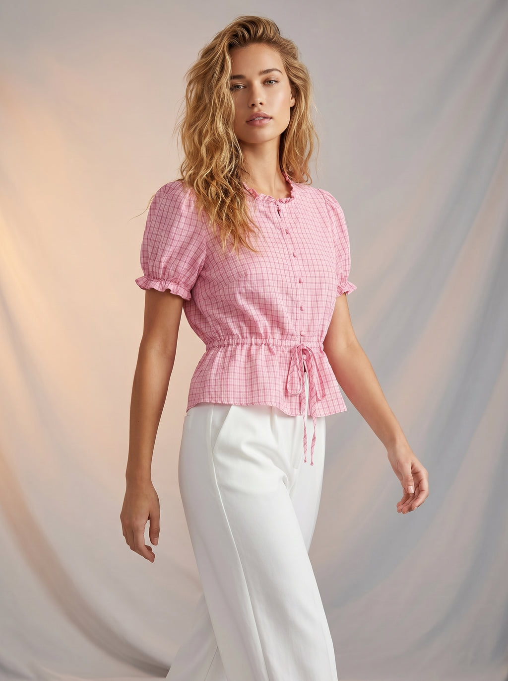 Frilly detail tie waist blouse
