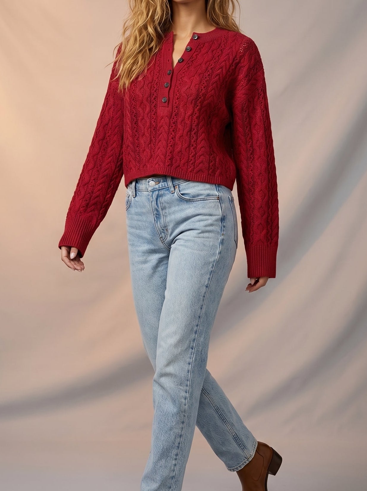 Red knitted Henley style Jumper