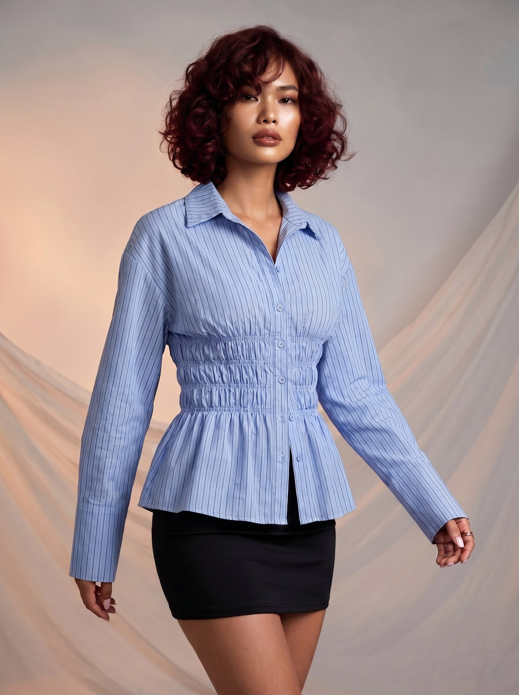 Button down striped shirred shirt