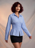 Button down striped shirred shirt