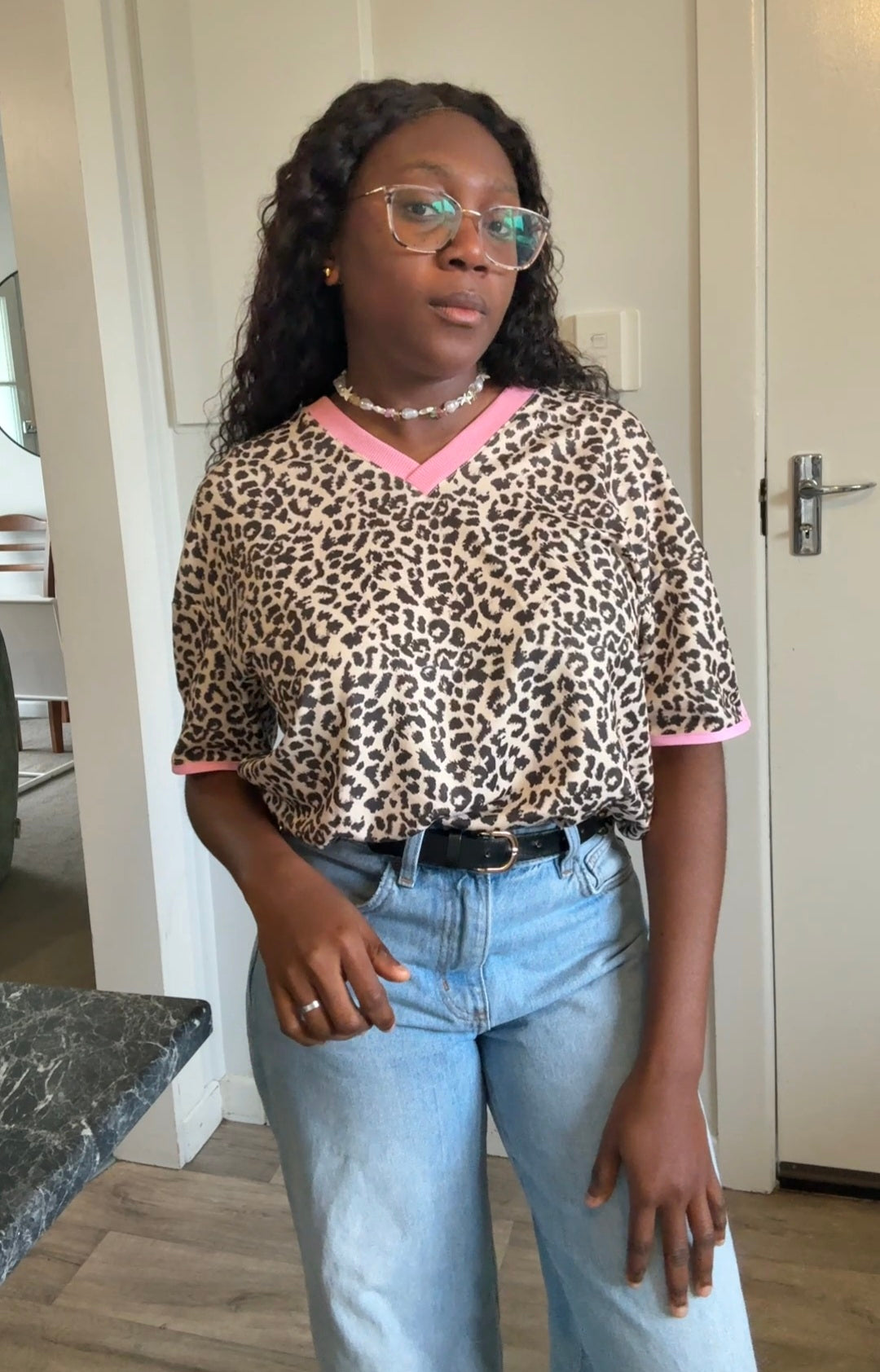 Animal skin print tee with pink trim detail