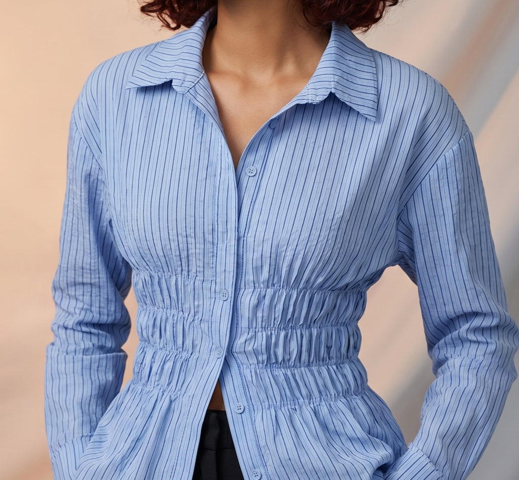 Button down striped shirred shirt