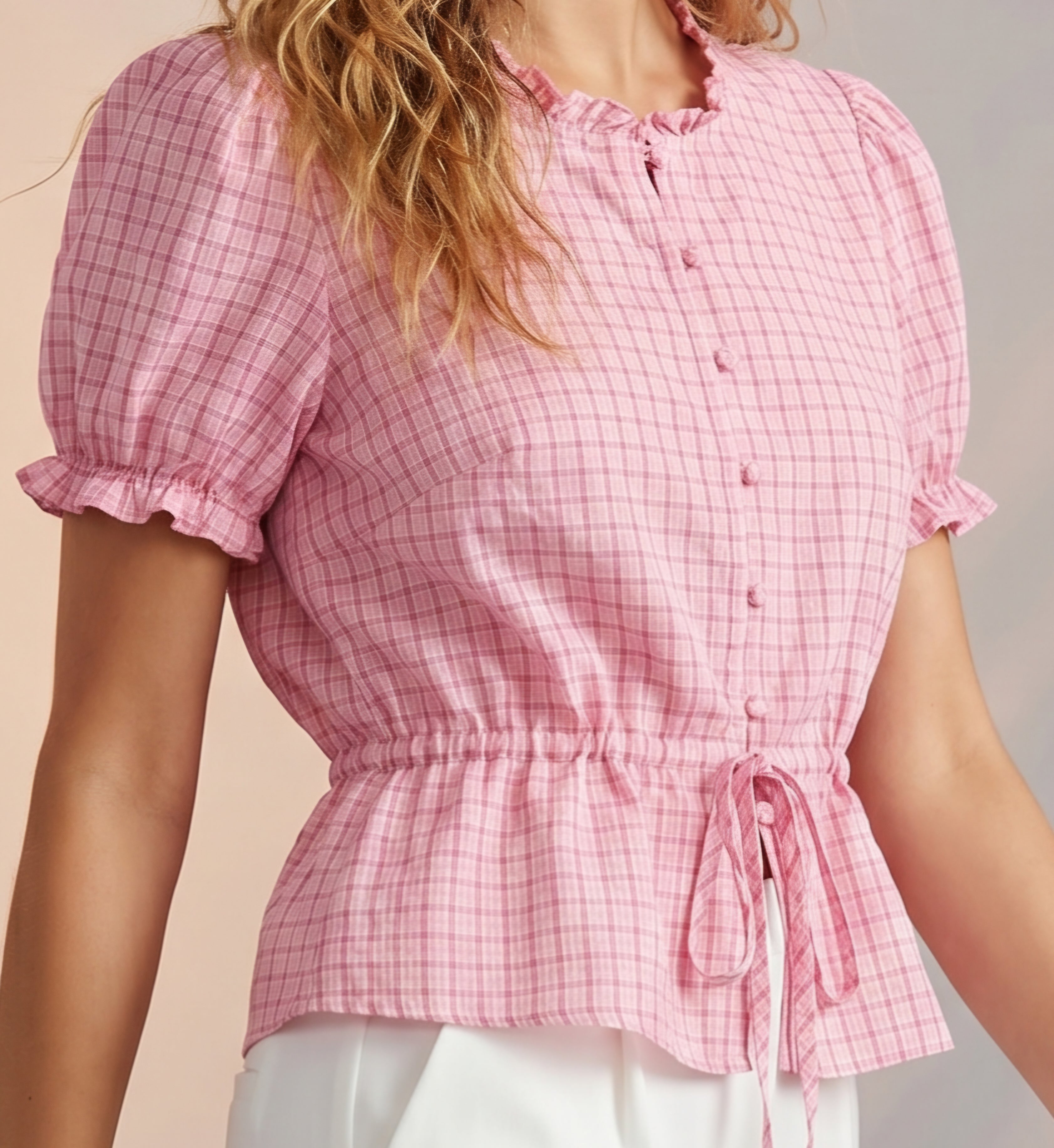 Frilly detail tie waist blouse