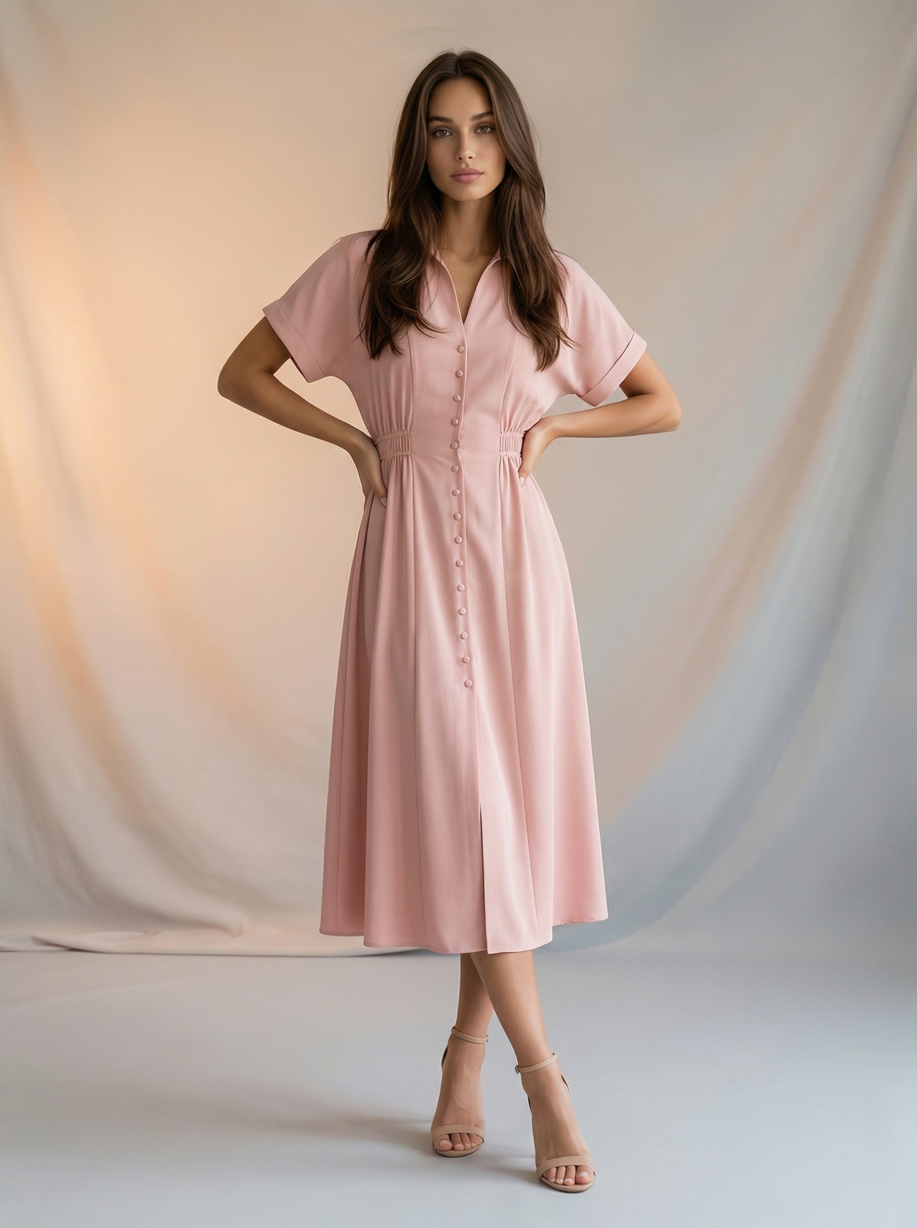 Button down dress with ruched waist detail