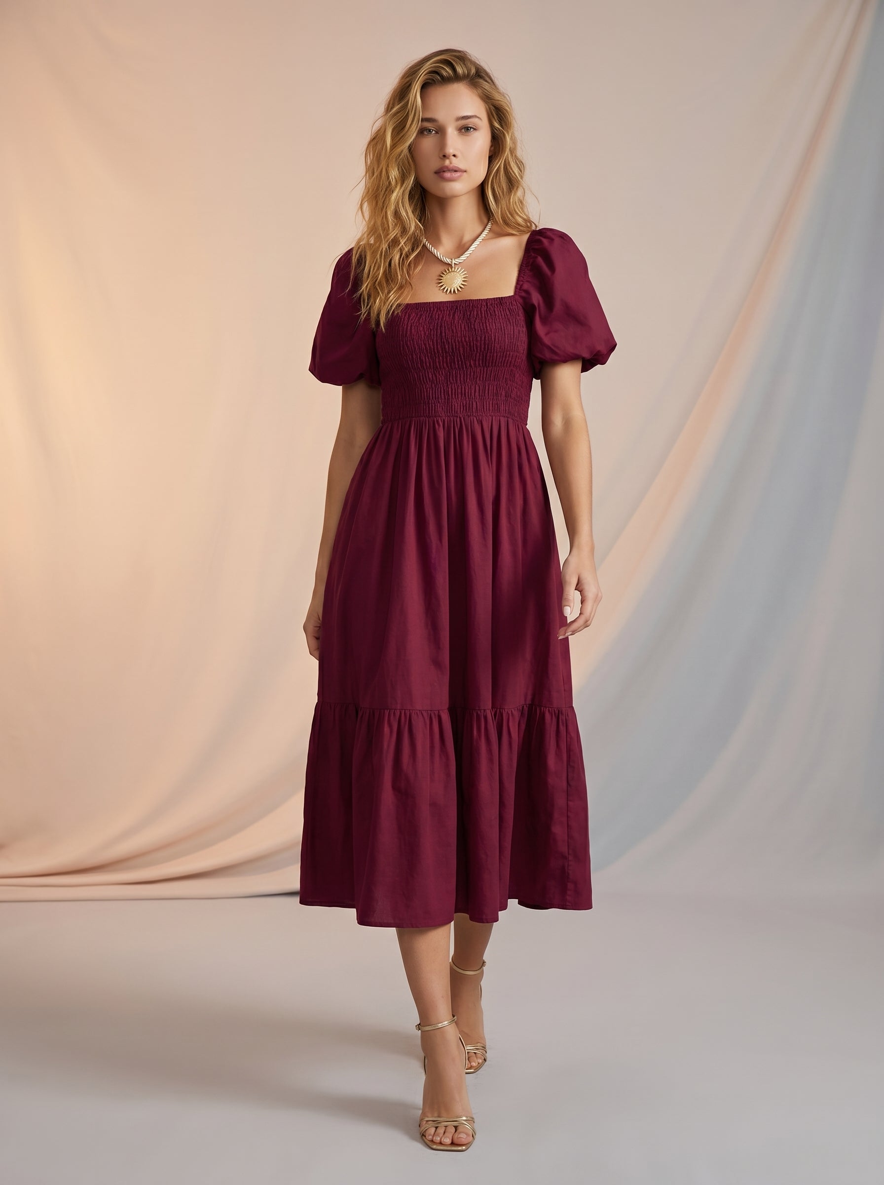 Puff sleeves ruched maxi dress