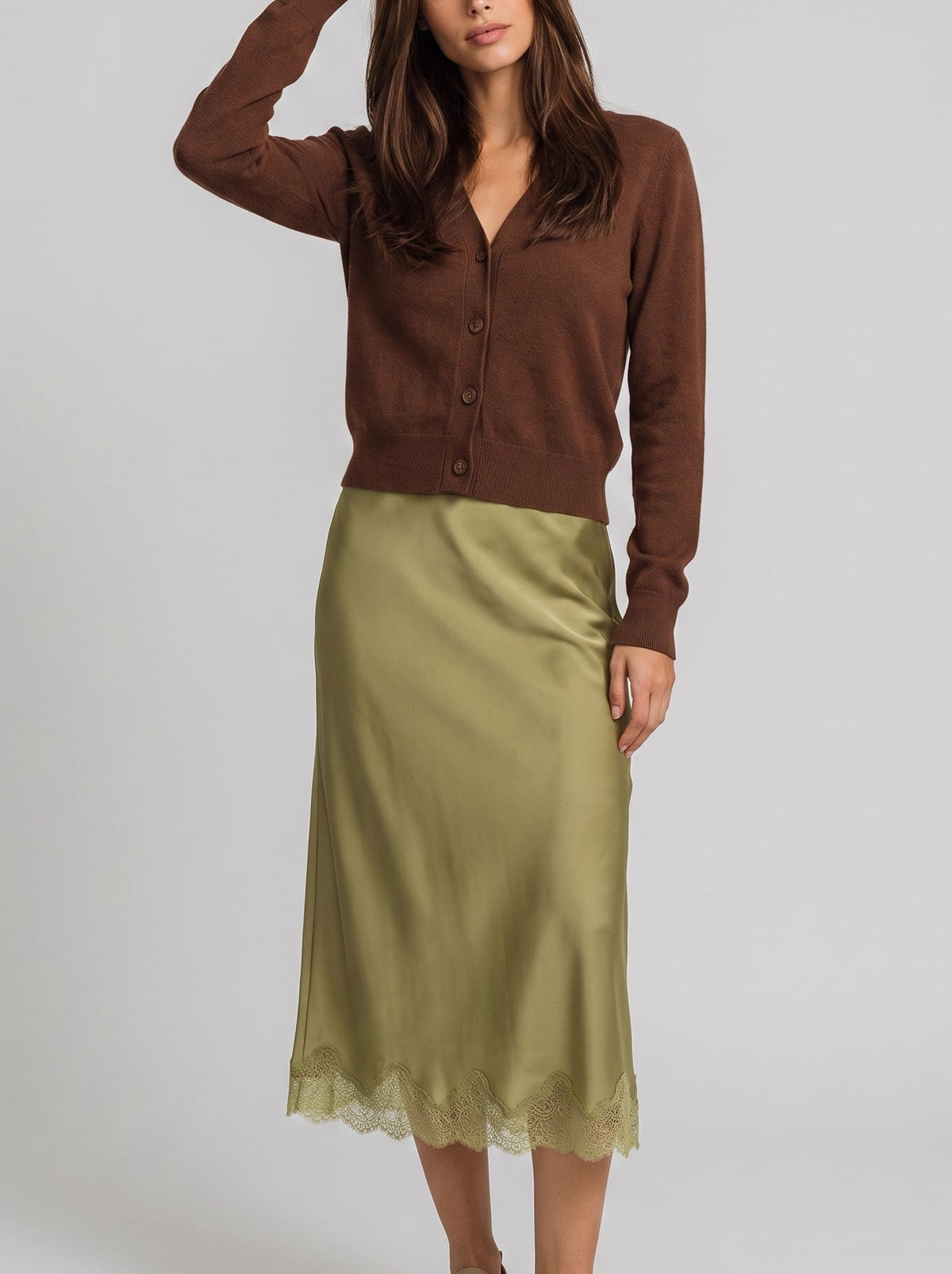 Lace detail satin drape skirt