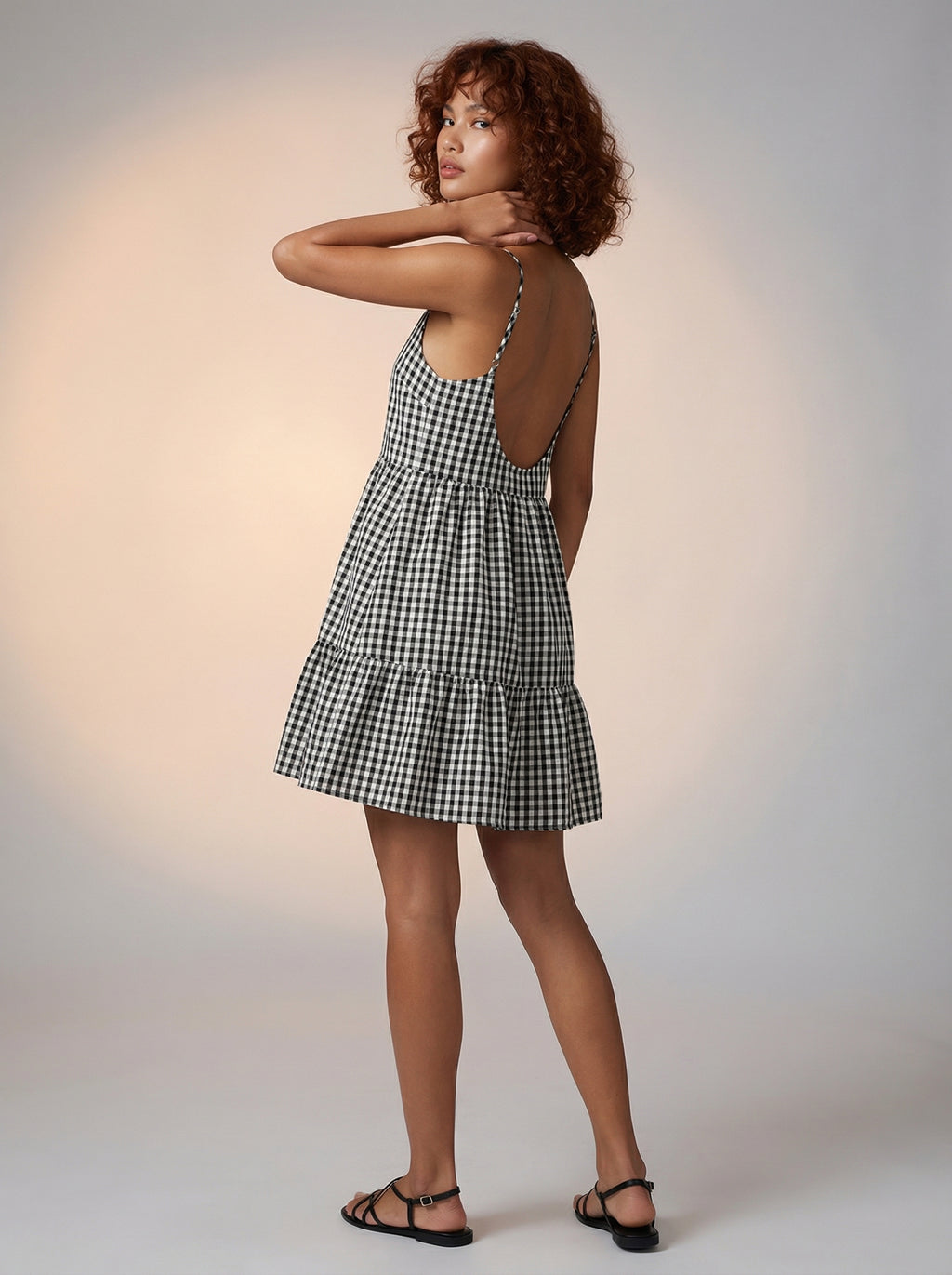 Gingham print tiered dress with adjustable strap