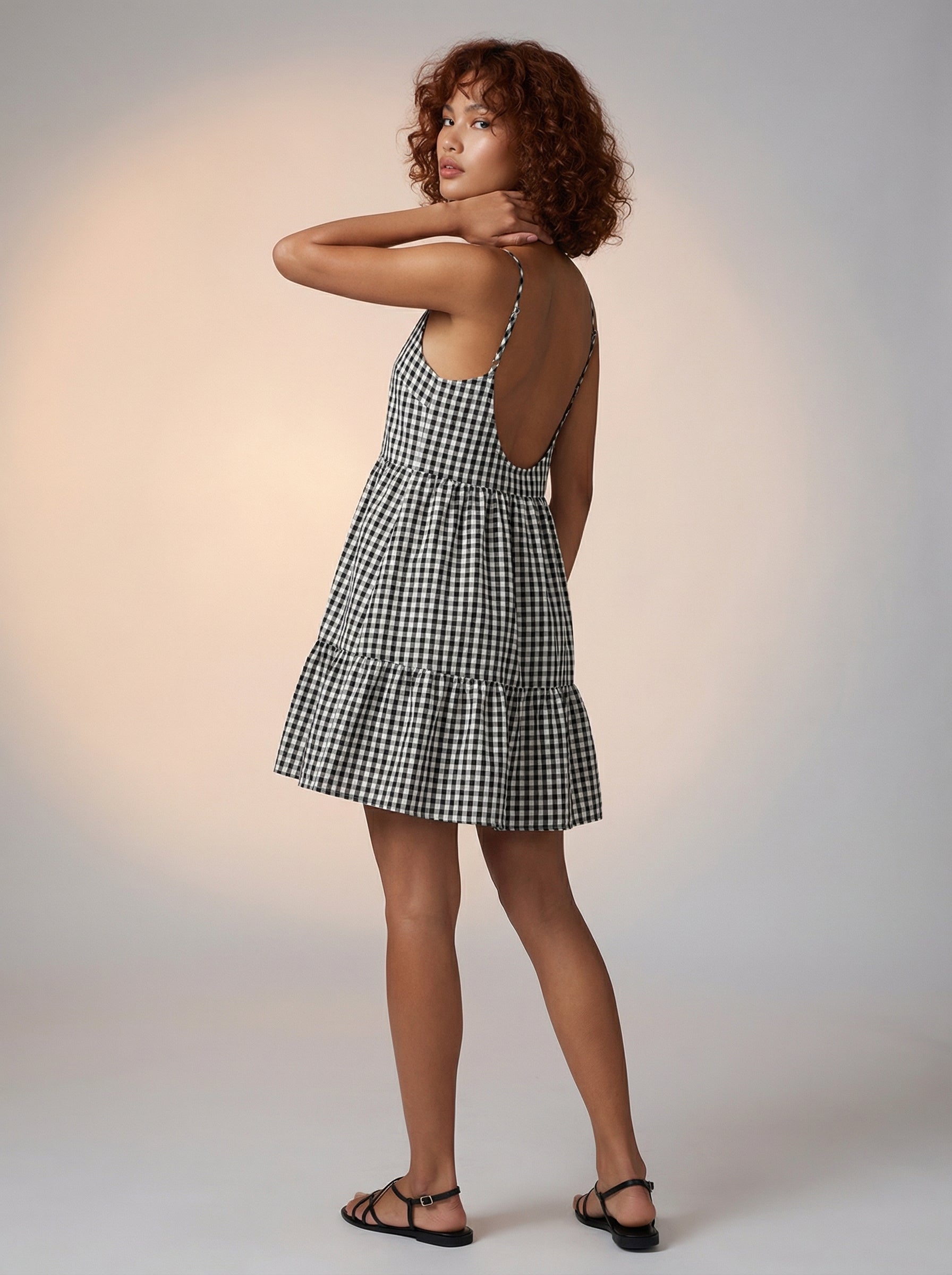Gingham print tiered dress with adjustable strap