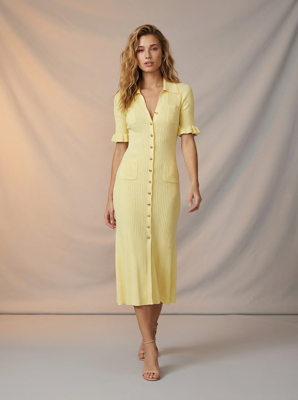 Ribbed texture maxi dress with frilly sleeve detail
