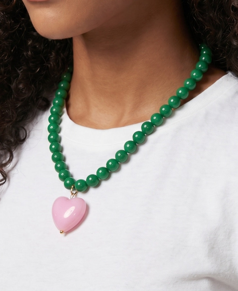 Chunky heart shaped beaded necklace (green)