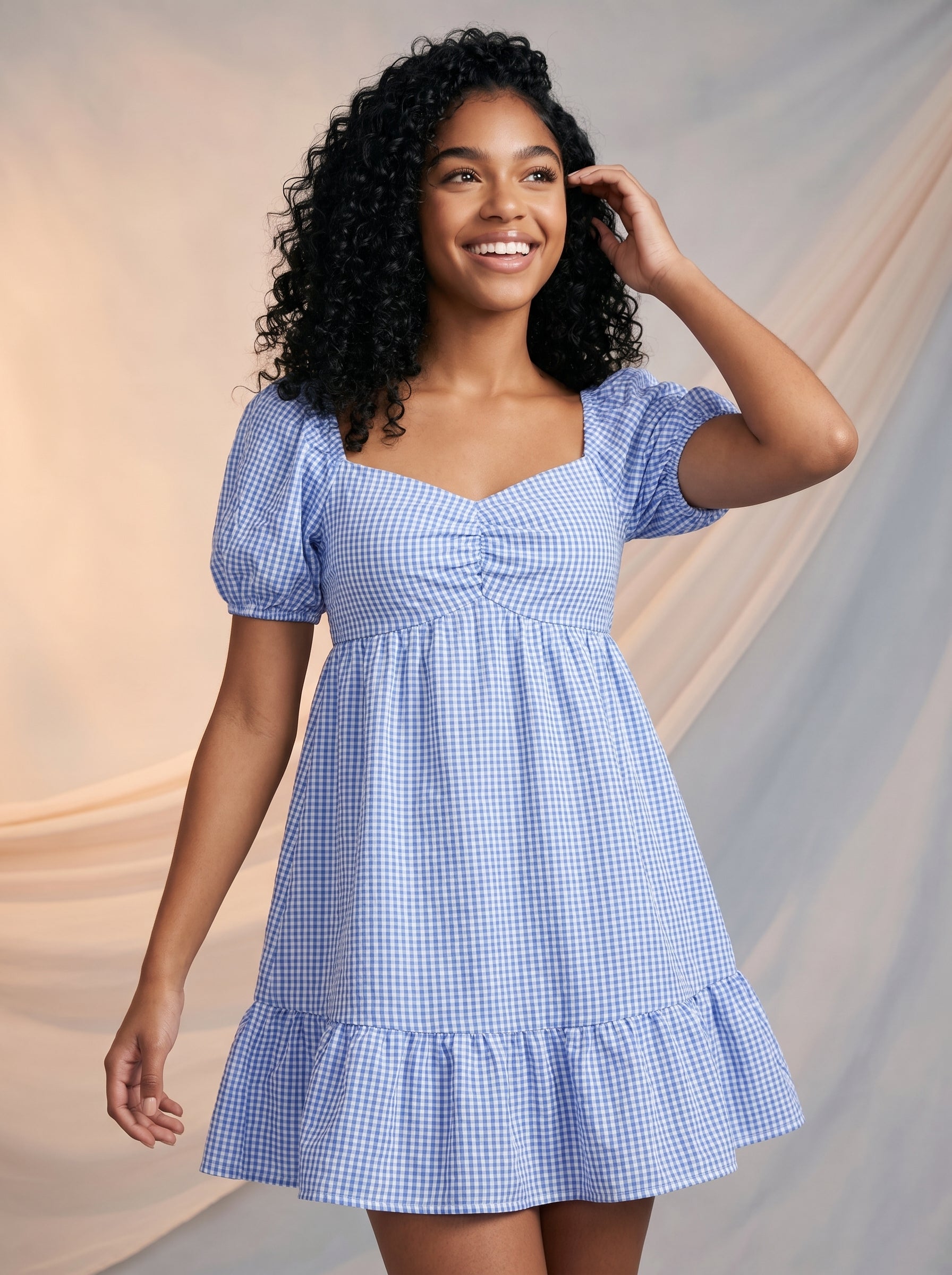 Blue gingham print dress