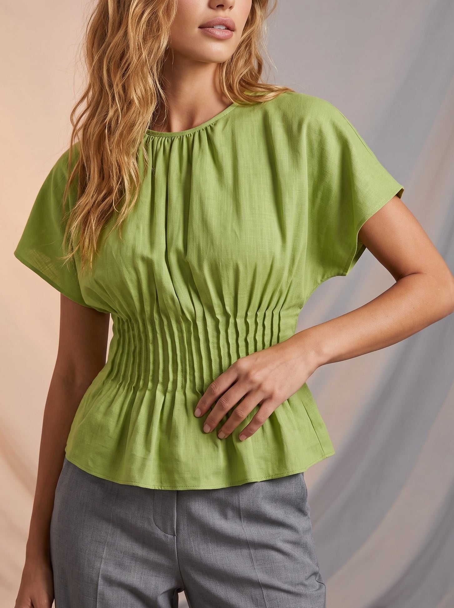 Green pleated detail blouse