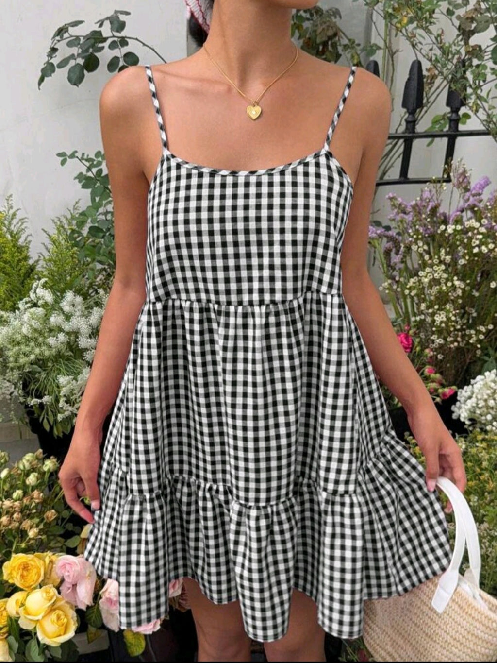 Gingham print tiered dress with adjustable strap