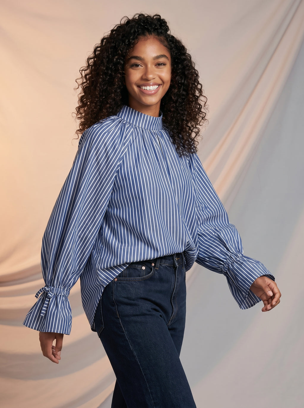 Blue striped bell sleeve shirt