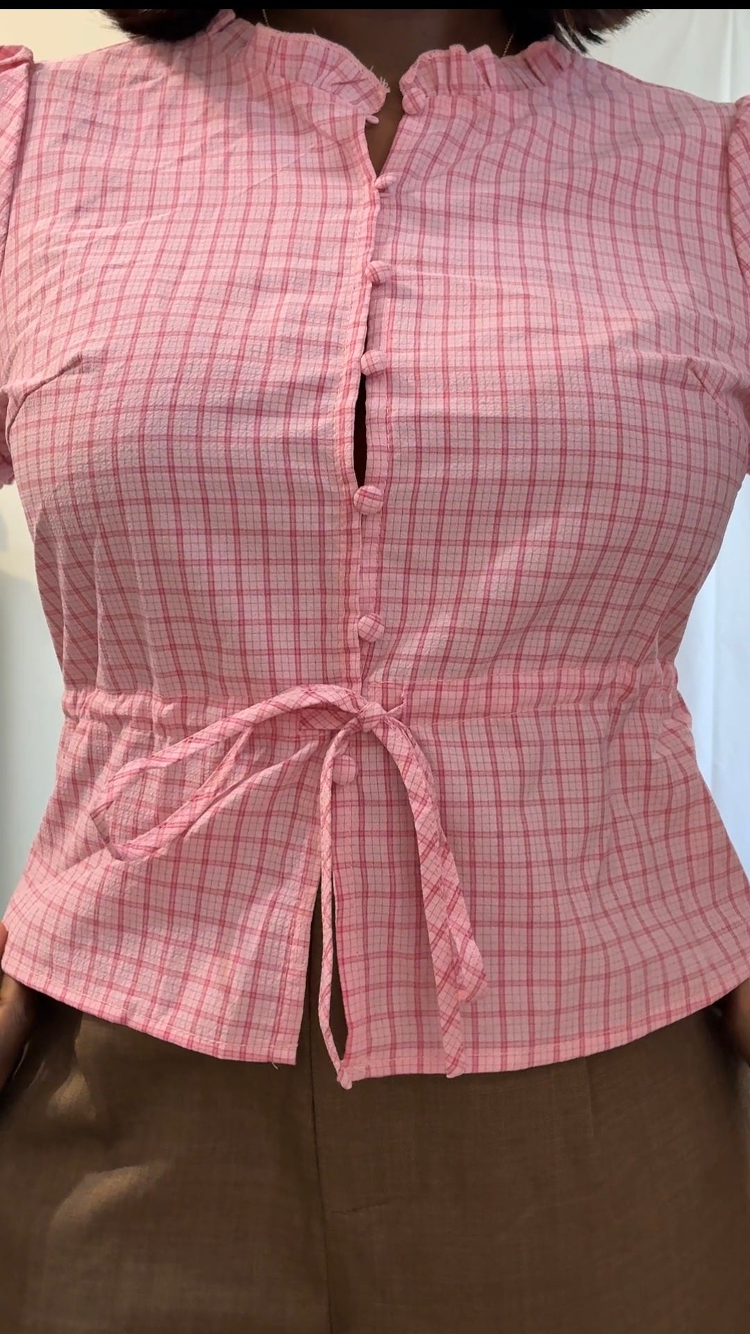 Frilly detail tie waist blouse