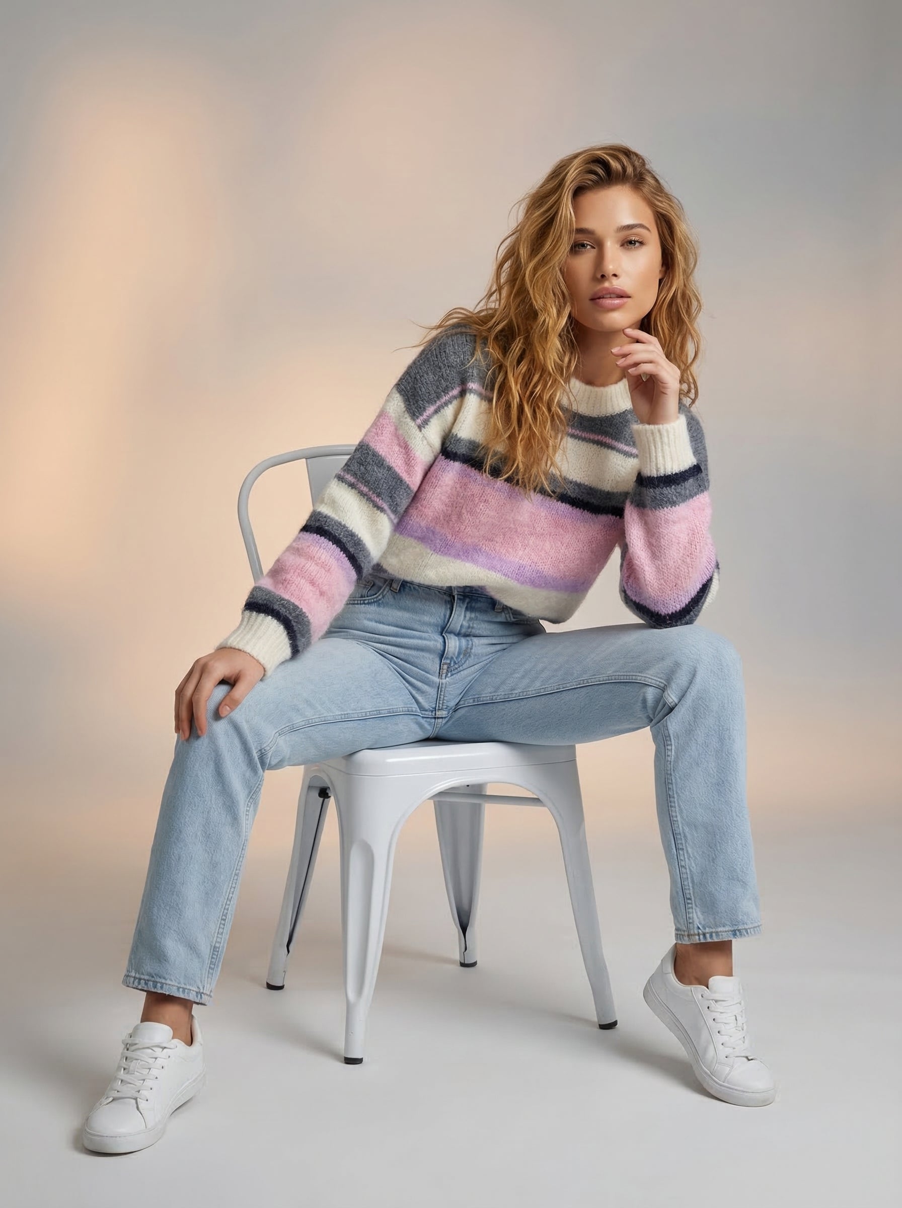 Striped fluffy ladies sweater