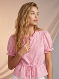 Frilly detail tie waist blouse