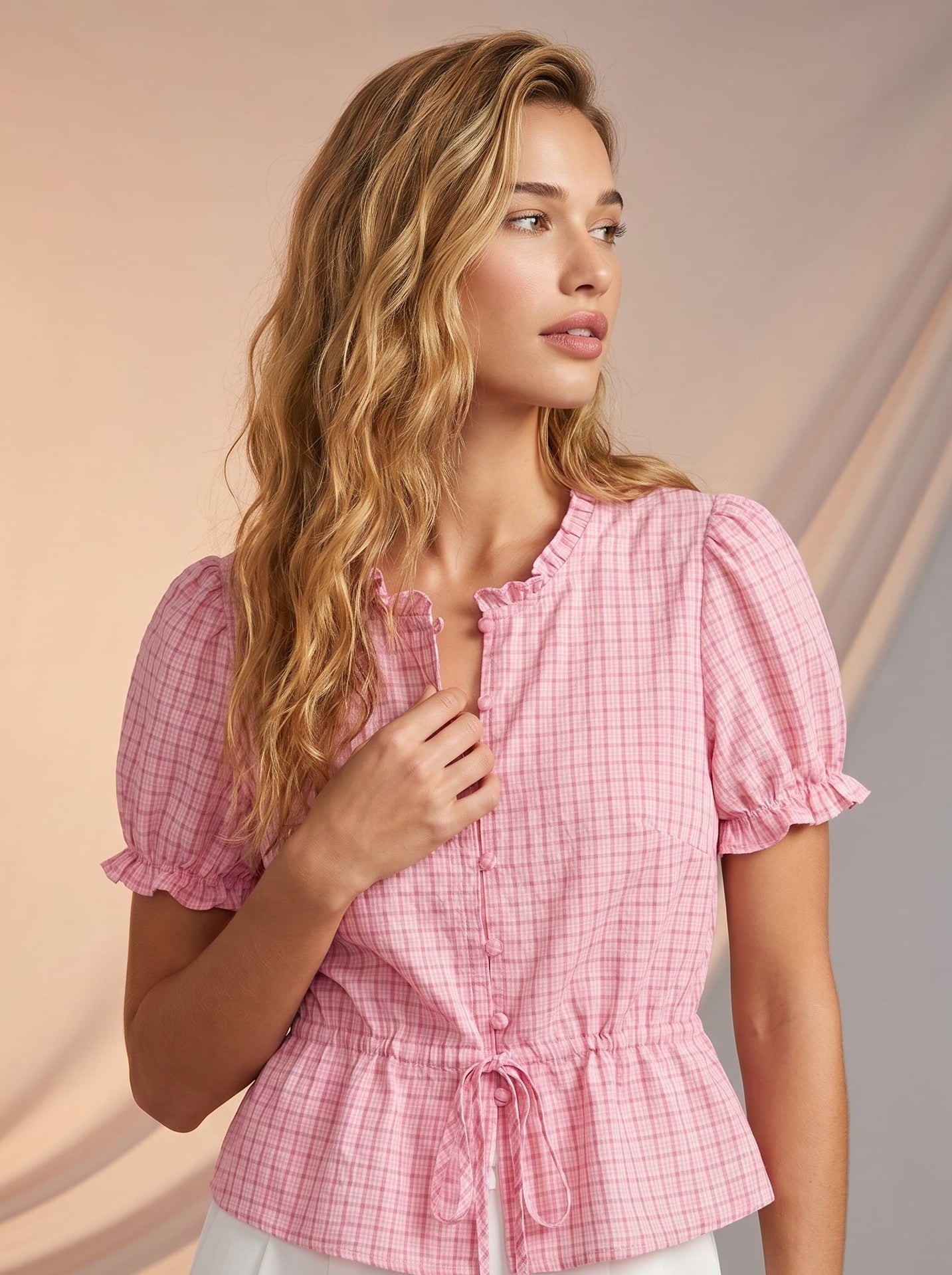 Frilly detail tie waist blouse