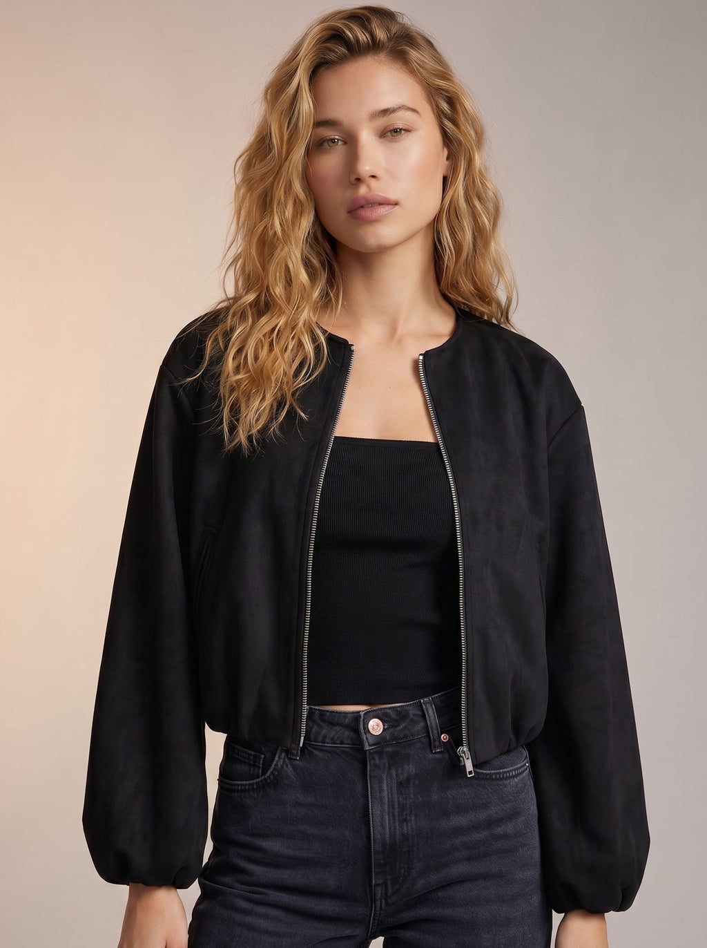 Bomber style black jacket with zipper detail